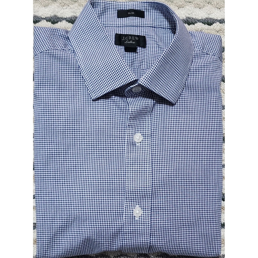 J.Crew Ludlow Mens Slim Fit Navy White Gingham Check Dress Shirt Size 15.5 X 32